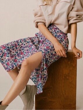 MANGO Floral Midi Skirt with Side Slit - Pink Multi